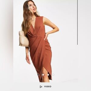 ASOS DESIGN sleeveless shoulder pad pleat midi dress in brown, size 8